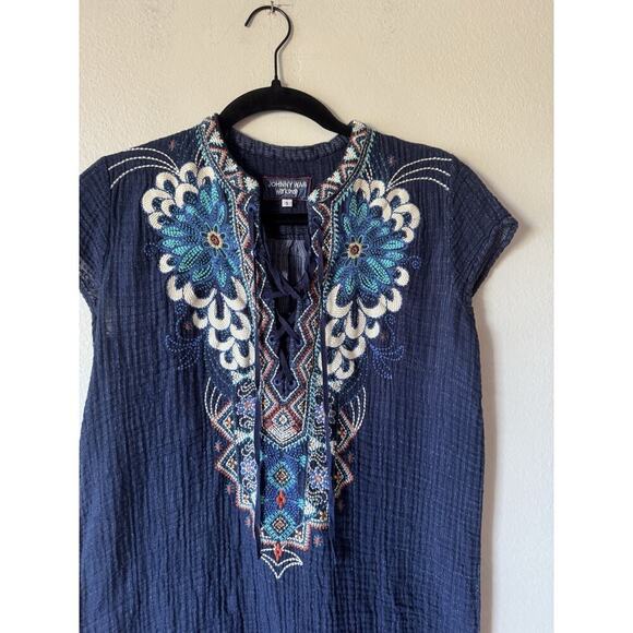 Johnny Was Workshop Tunic Top Womens Size Small Embroidered Navy Floral Lace Up - Picture 2 of 7